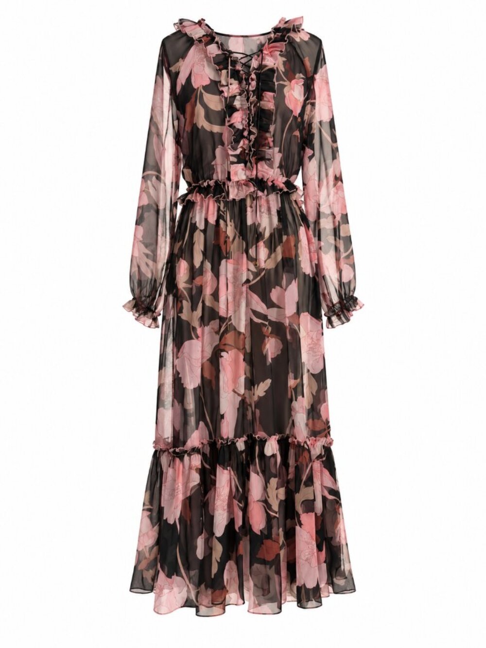 Alex Vinash Black Pink Floral Ruffle Maxi Dress - M Elastic Waist